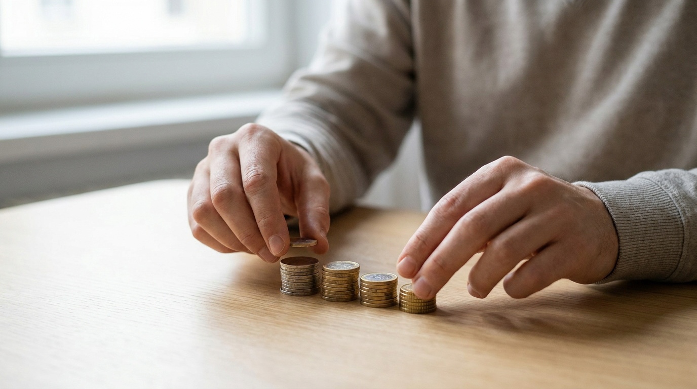 Hände stapeln Euromünzen zu kleinen Türmen
