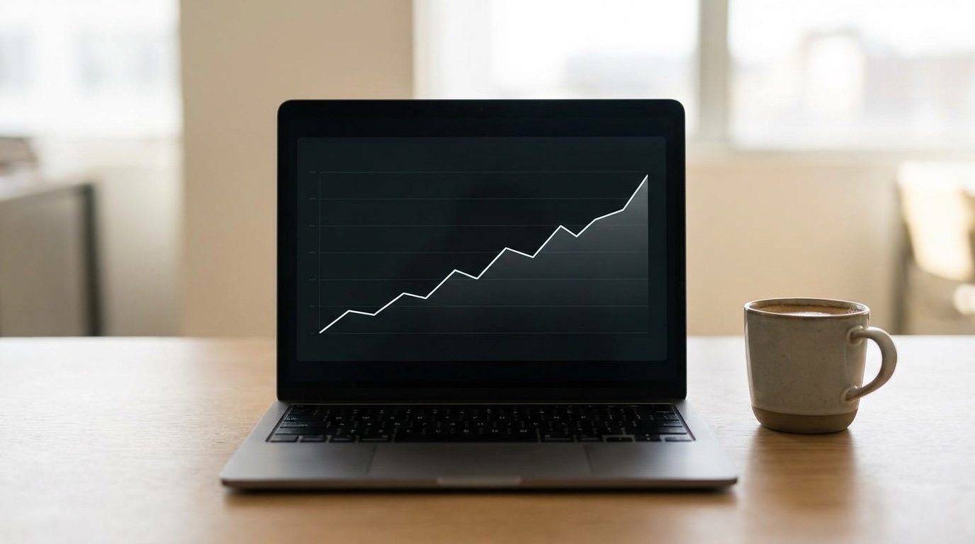 Laptop zeigt eine schlichte Linie steigender Ersparnisse
