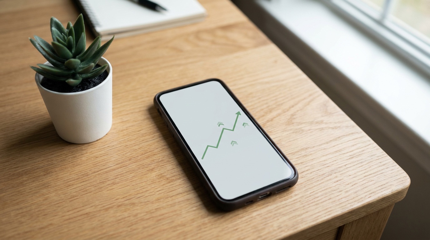 Smartphone zeigt einen schlichten steigenden Investmentgraphen