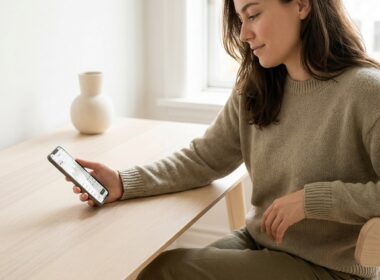 Junge Person prüft eine Investment-App am Schreibtisch