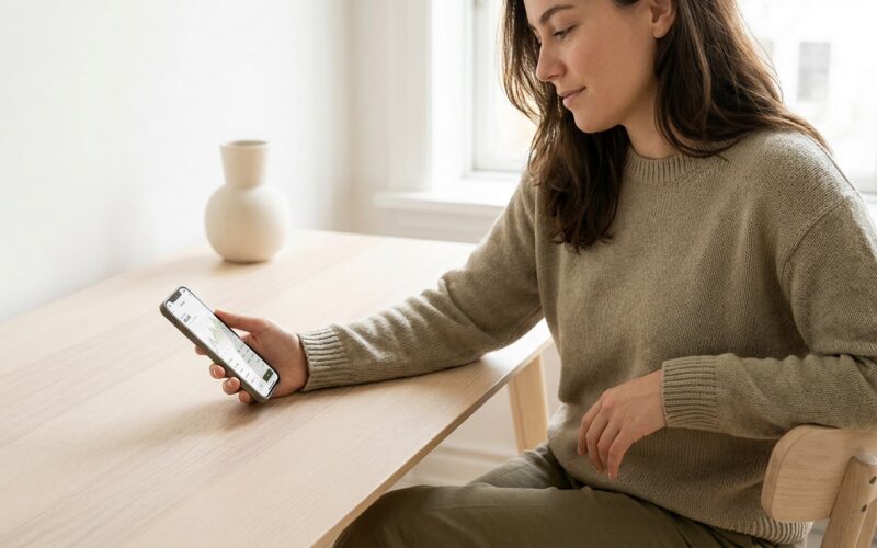 Junge Person prüft eine Investment-App am Schreibtisch