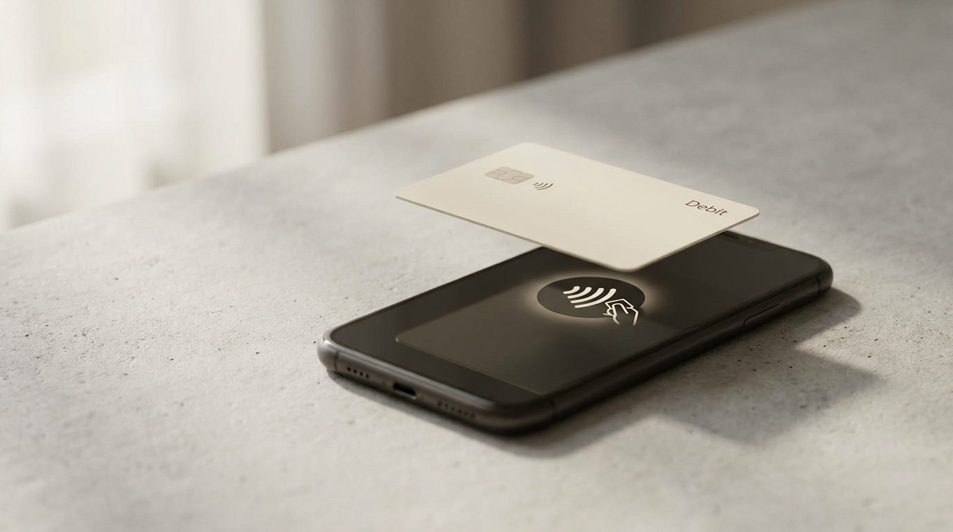Bankkarte und Smartphone auf einer hellen Fläche