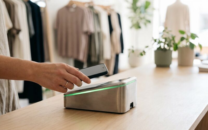 Hand hält Smartphone über ein kontaktloses Kartenterminal
