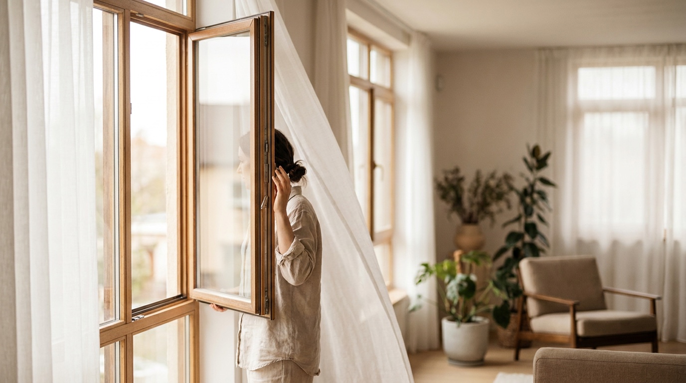 Person öffnet ein Fenster weit zum Lüften