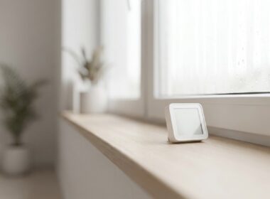 Hygrometer am Fenster mit leichter Kondensation