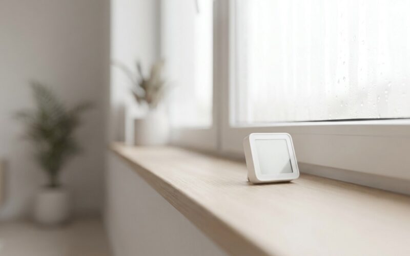 Hygrometer am Fenster mit leichter Kondensation