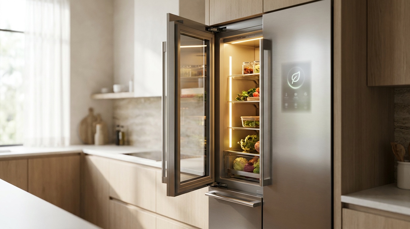 Moderner Kühlschrank leicht geöffnet in heller Küche