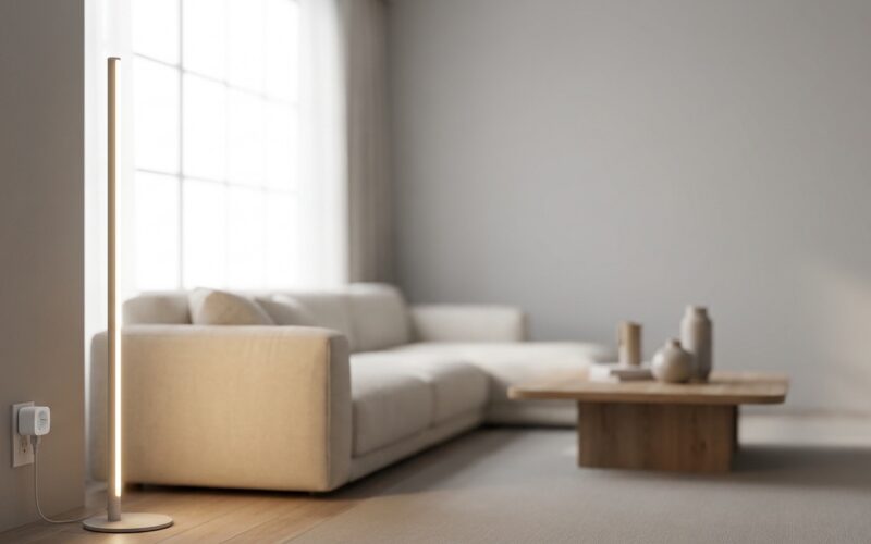 Helles Wohnzimmer mit smarter Steckdose und LED-Lampe