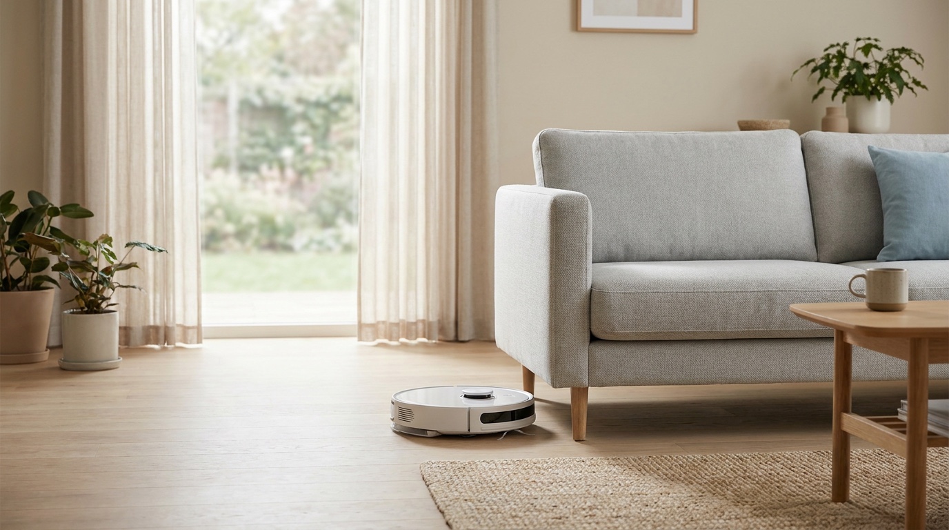 Saugroboter neben einem Sofa in einem aufgeräumten Wohnzimmer