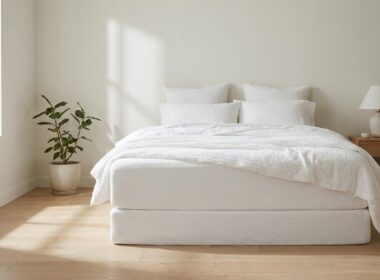 Frisch bezogenes Bett mit weißer Matratze im hellen Schlafzimmer