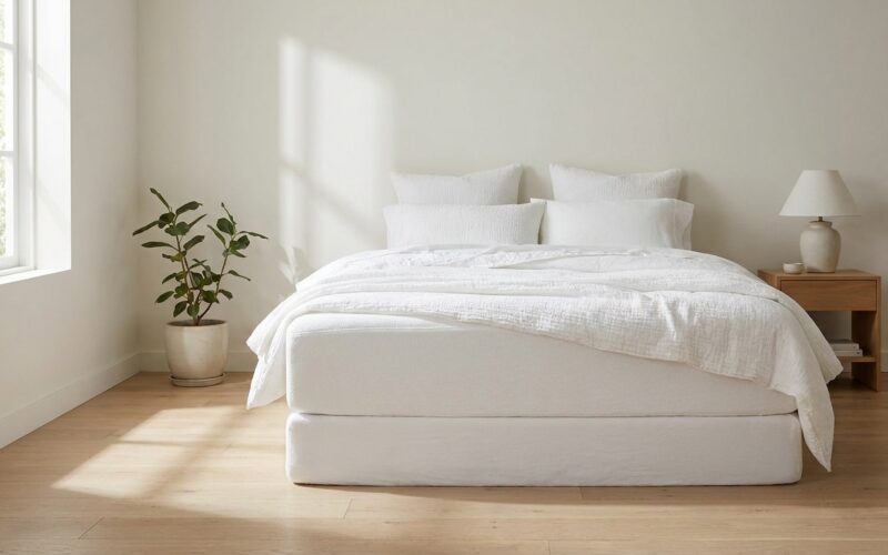 Frisch bezogenes Bett mit weißer Matratze im hellen Schlafzimmer