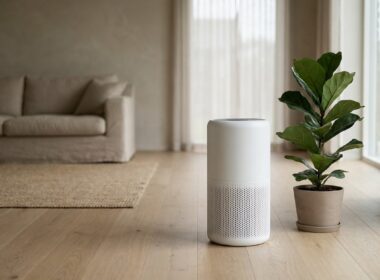 Weißer Luftreiniger in einem hellen minimalistischen Wohnzimmer
