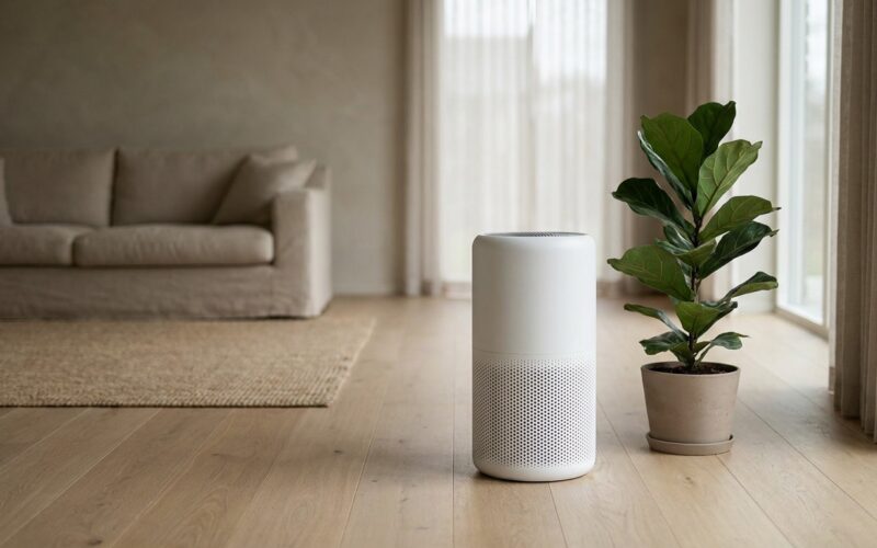 Weißer Luftreiniger in einem hellen minimalistischen Wohnzimmer
