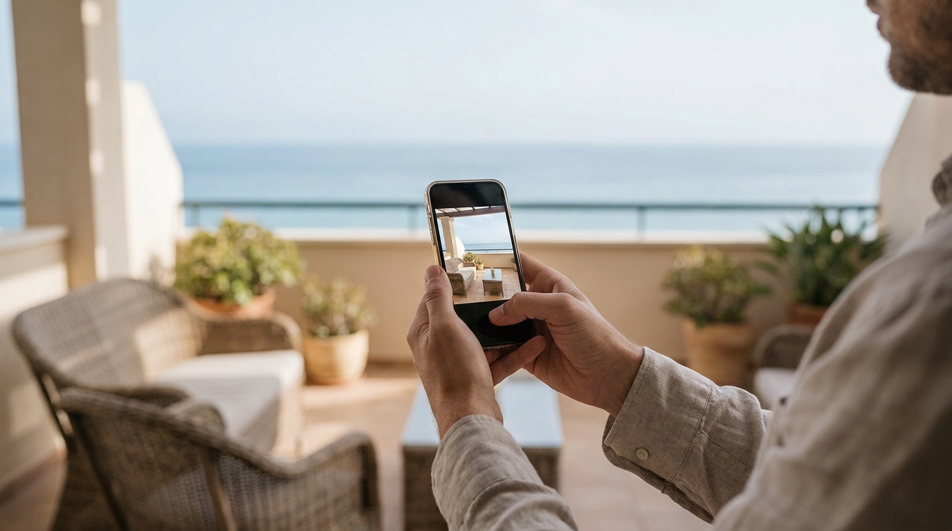 Reisende vergleicht ein Ferienwohnungs-Foto auf dem Smartphone