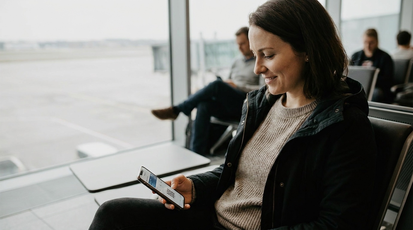 Passagier prüft am Gate ein Smartphone mit Bordkarte