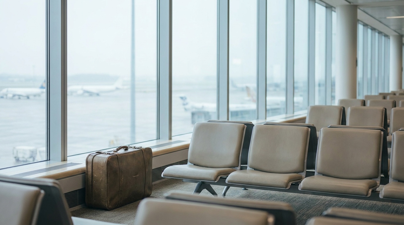Leeres Flughafen-Gate mit Sitzreihen und großen Fenstern