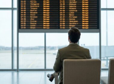 Flughafen-Wartebereich mit Anzeigetafel und Reisendem