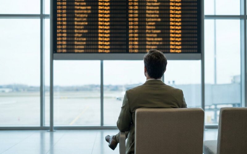 Flughafen-Wartebereich mit Anzeigetafel und Reisendem