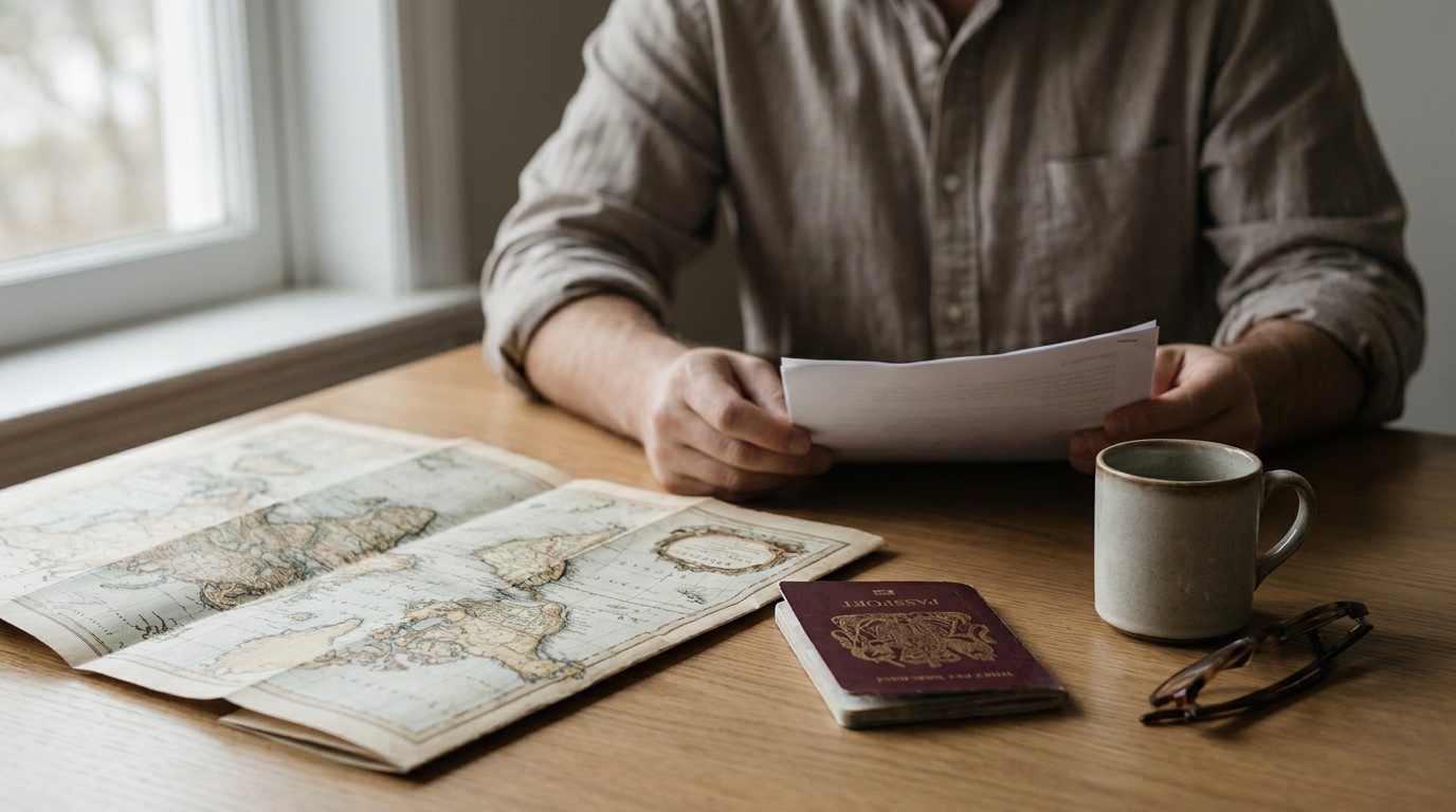 Person prüft eine Reiseversicherungs-Unterlage am Tisch