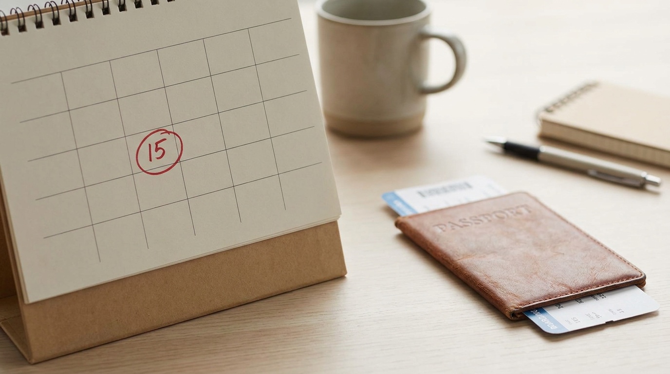 Kalender mit markiertem Reisedatum neben Pass und Bordkarte