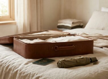 Koffer, Reisepass und Regenschirm werden gepackt