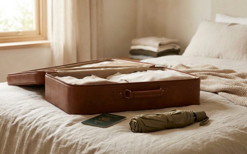 Koffer, Reisepass und Regenschirm werden gepackt